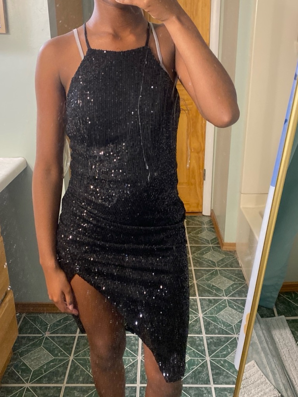 AKIRA Black Sequin Asymmetrical Halter Dress
